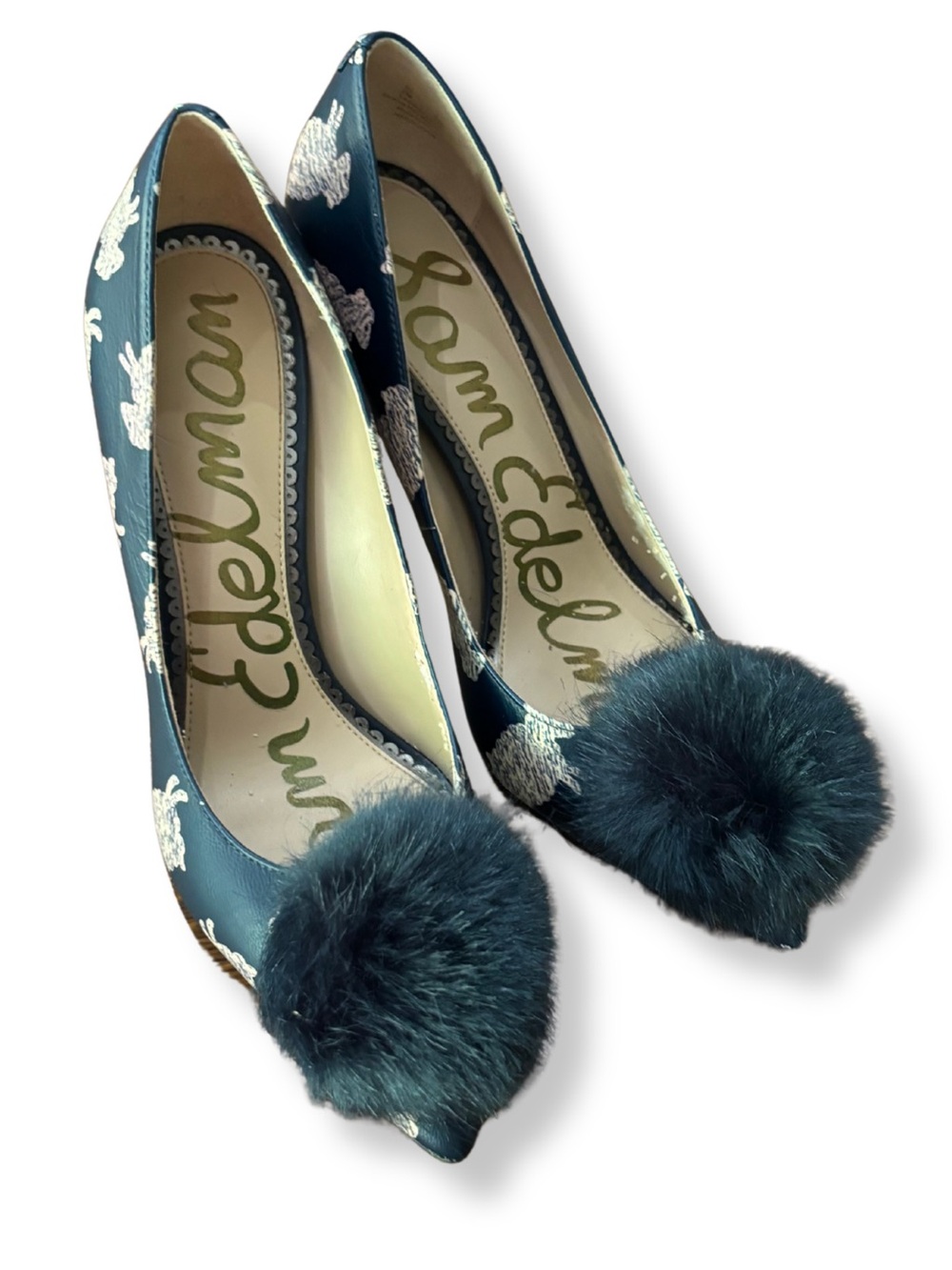 Sam Edelman Size 7 Lamb Print Pom Pom Pointed Toe Heels Pump